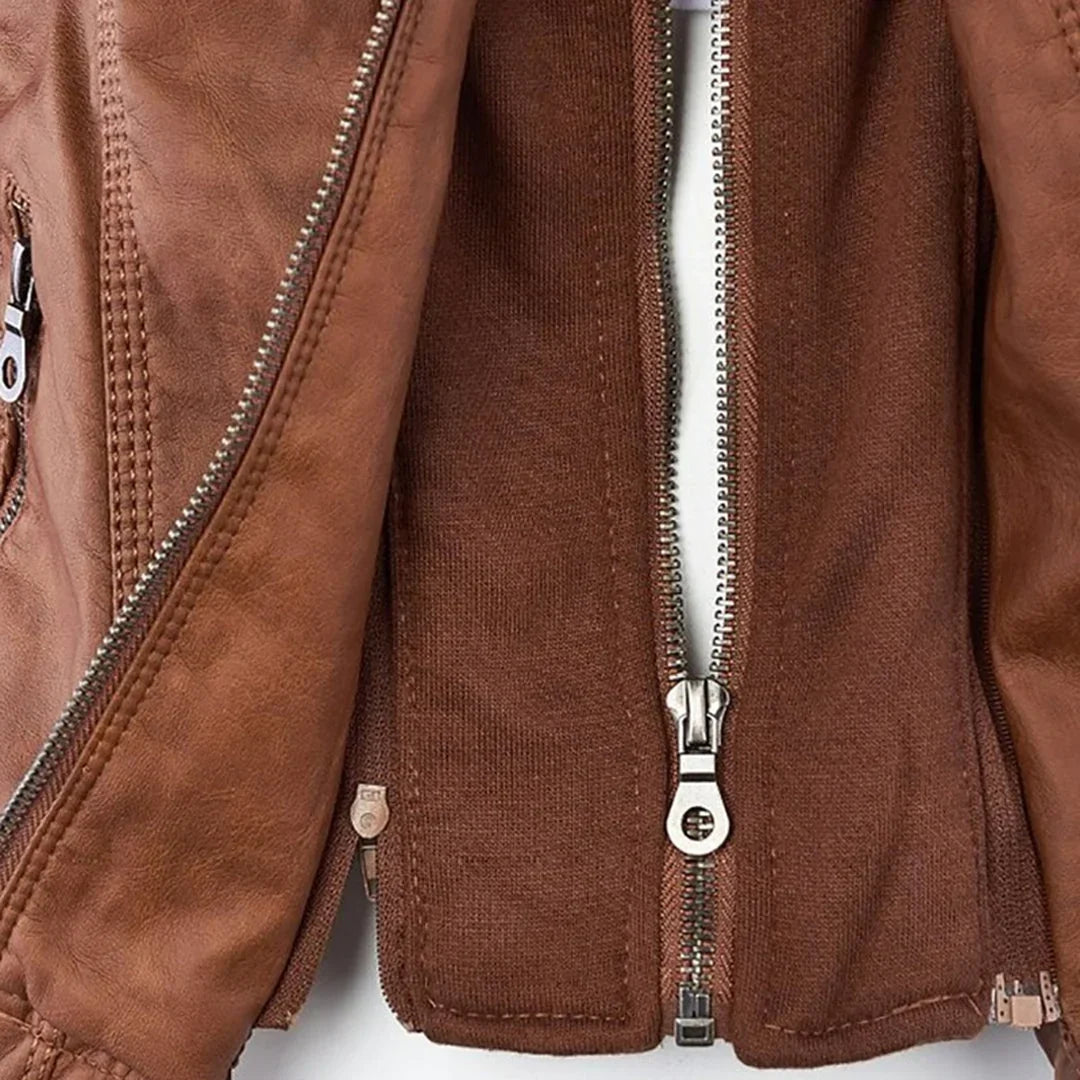 Women's Hooded Zip Front Leather Moto Jacket