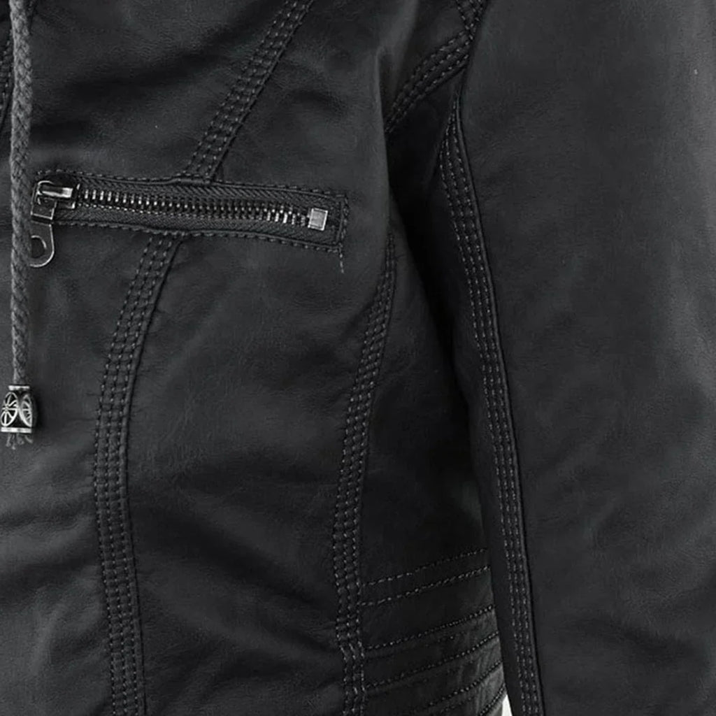 Women's Hooded Zip Front Leather Moto Jacket