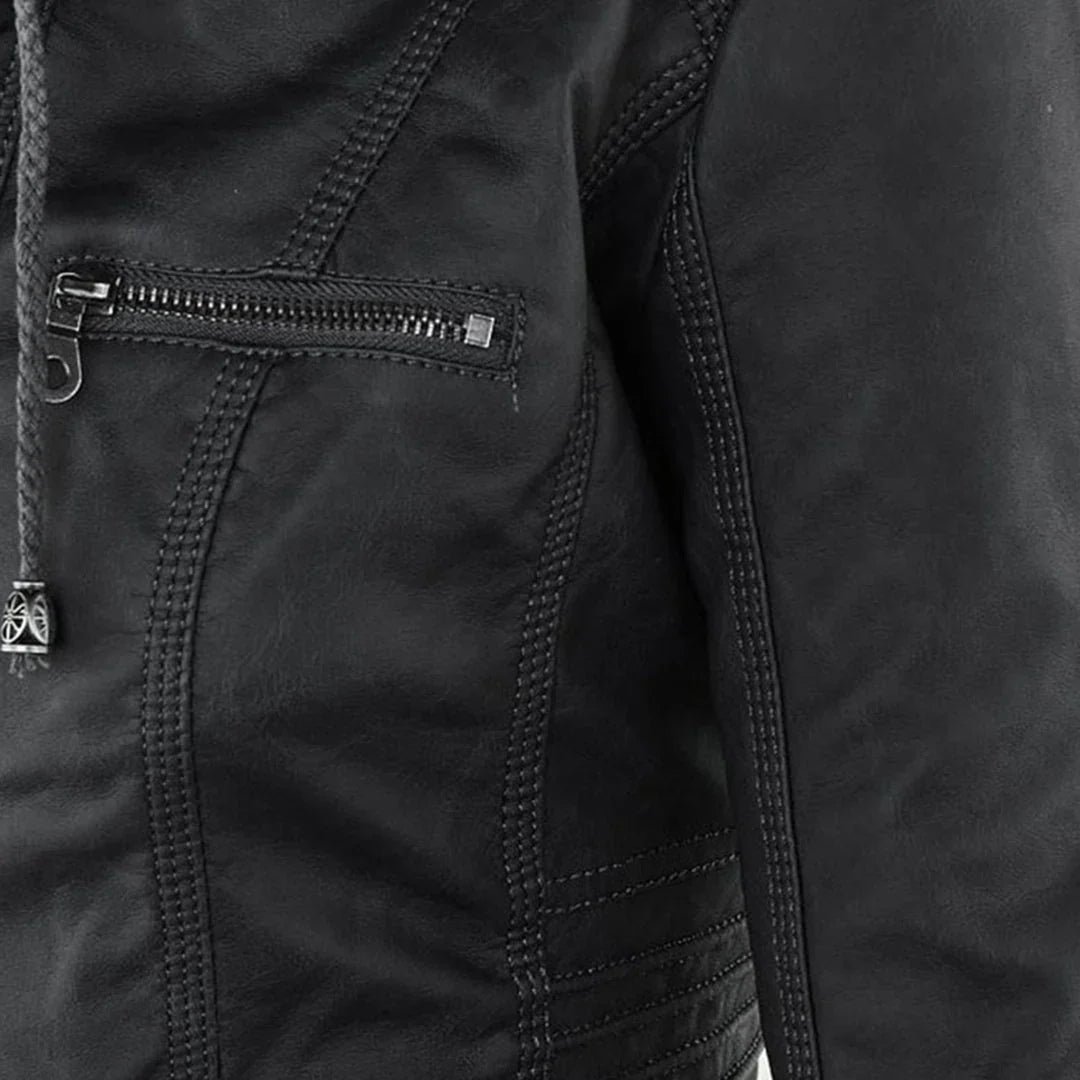 Women's Hooded Zip Front Leather Moto Jacket