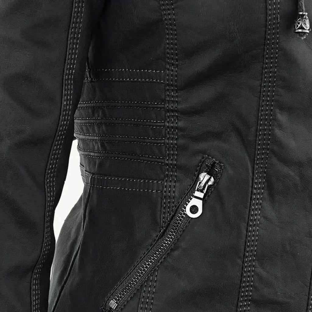 Women's Hooded Zip Front Leather Moto Jacket