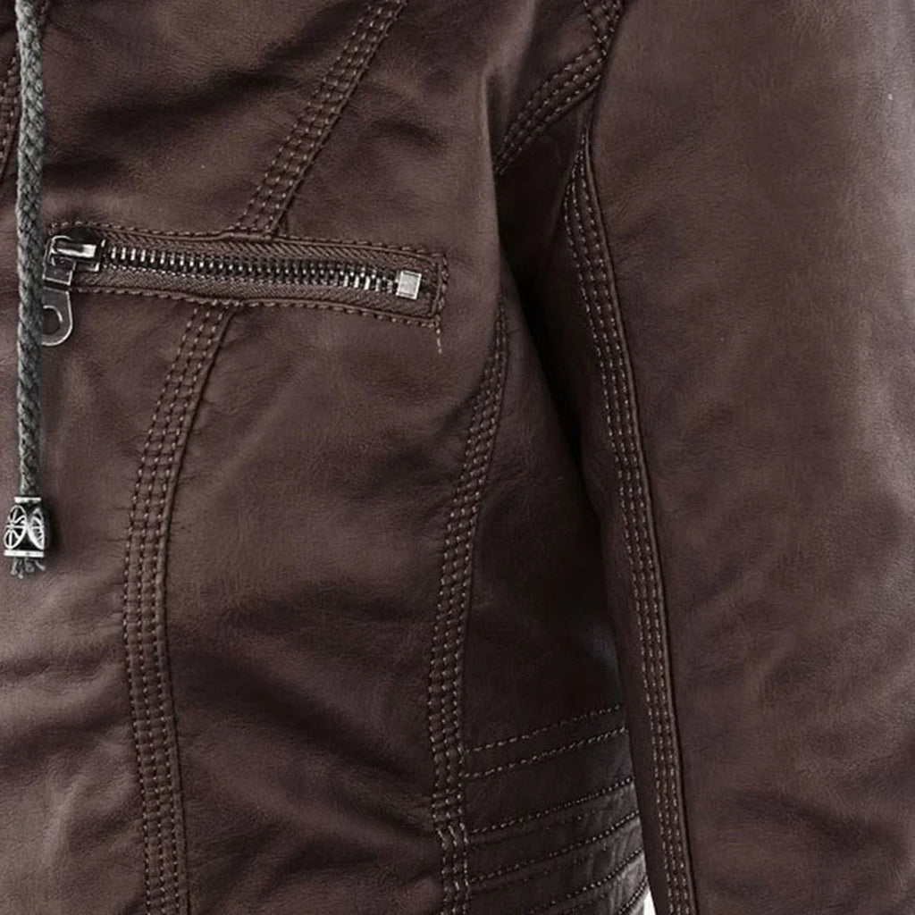 Women's Hooded Zip Front Leather Moto Jacket