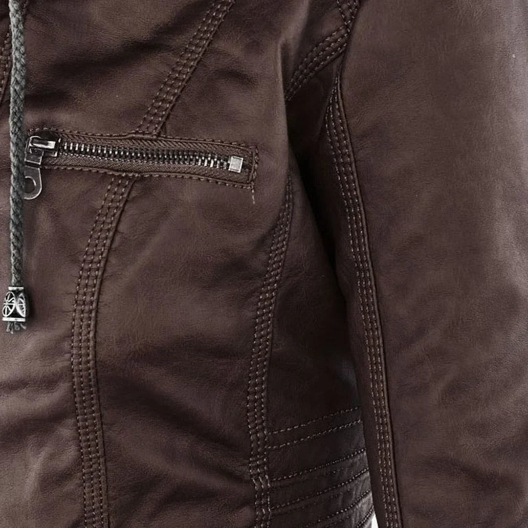Women's Hooded Zip Front Leather Moto Jacket