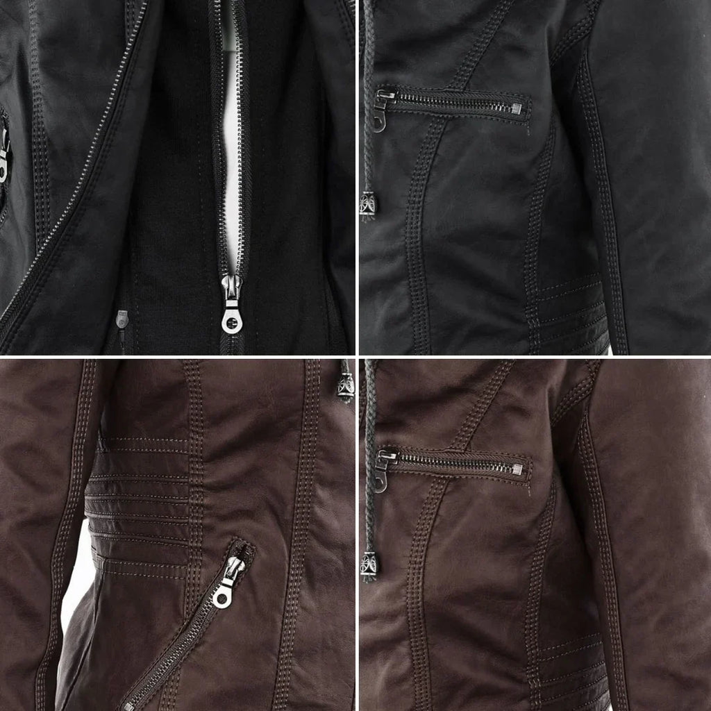 Women's Hooded Zip Front Leather Moto Jacket