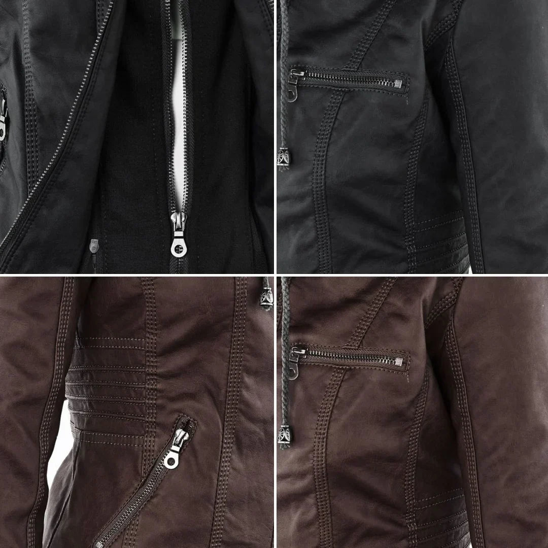 Women's Hooded Zip Front Leather Moto Jacket