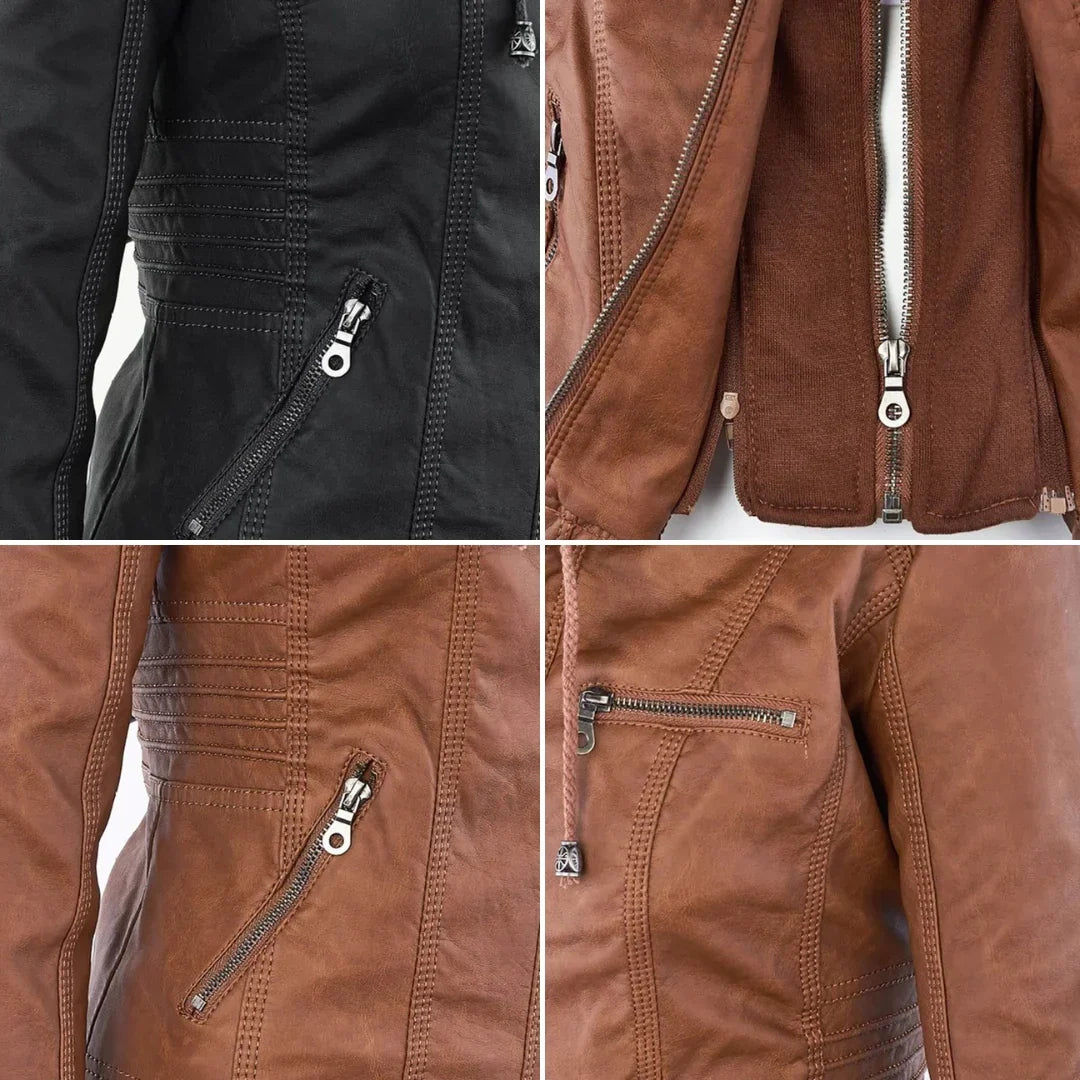 Women's Hooded Zip Front Leather Moto Jacket