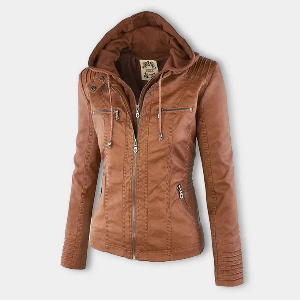 Women's Hooded Zip Front Leather Moto Jacket