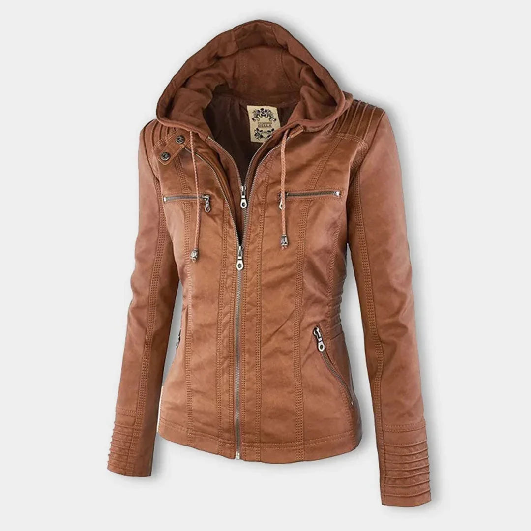 Women's Hooded Zip Front Leather Moto Jacket
