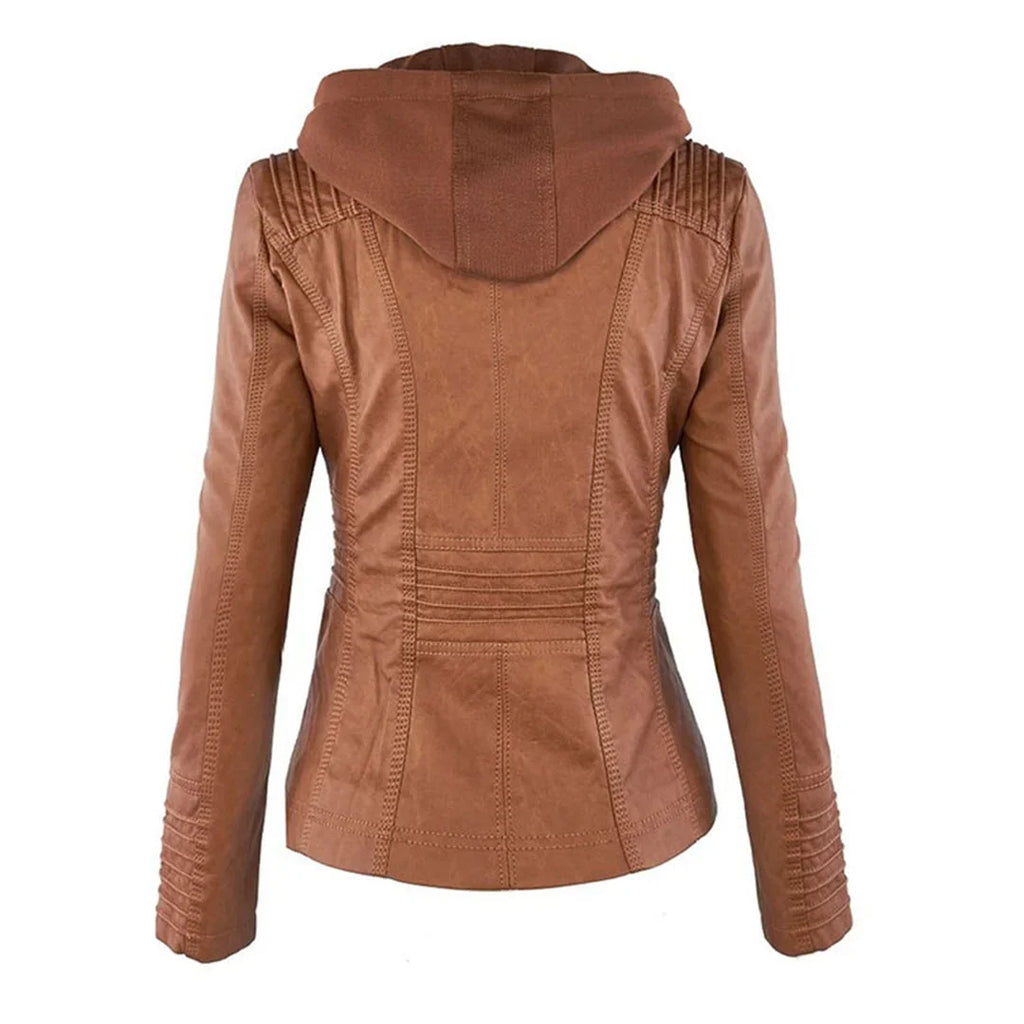 Women's Hooded Zip Front Leather Moto Jacket