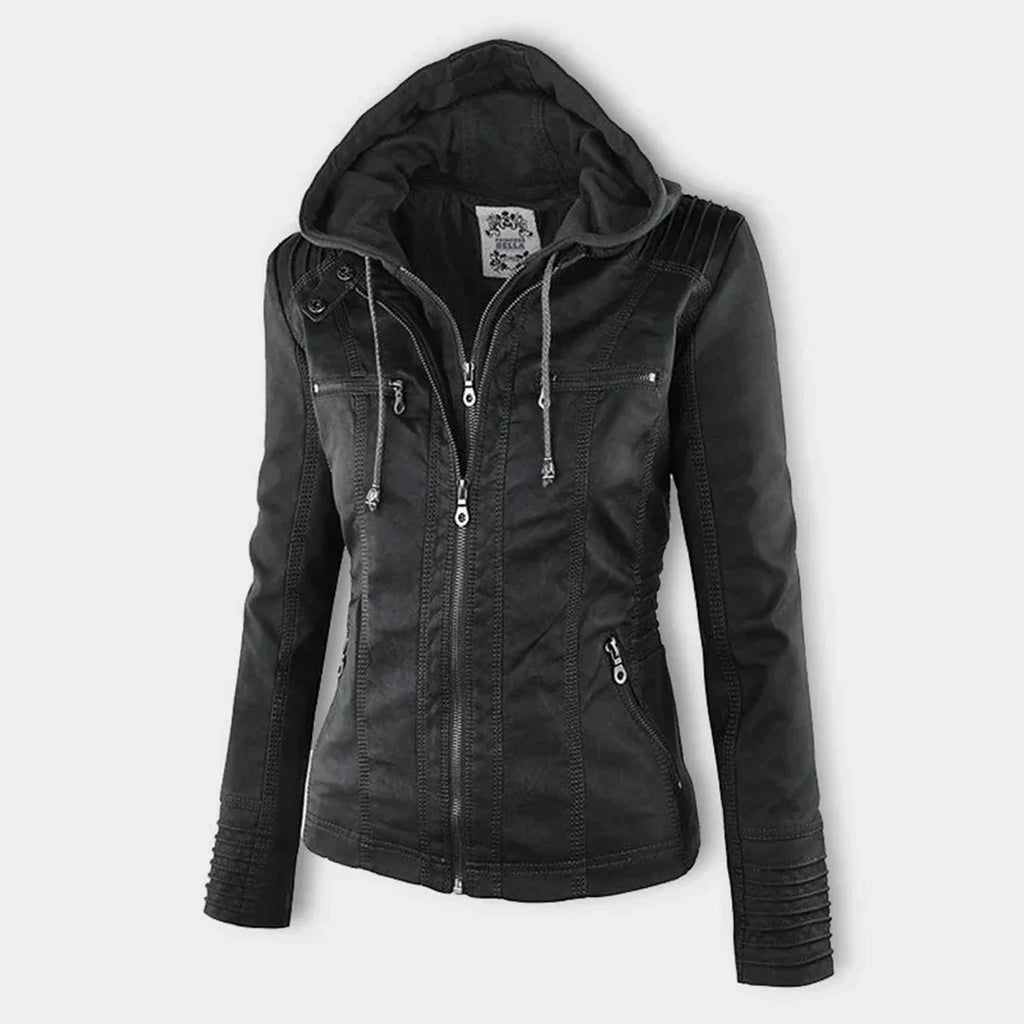 Women's Hooded Zip Front Leather Moto Jacket
