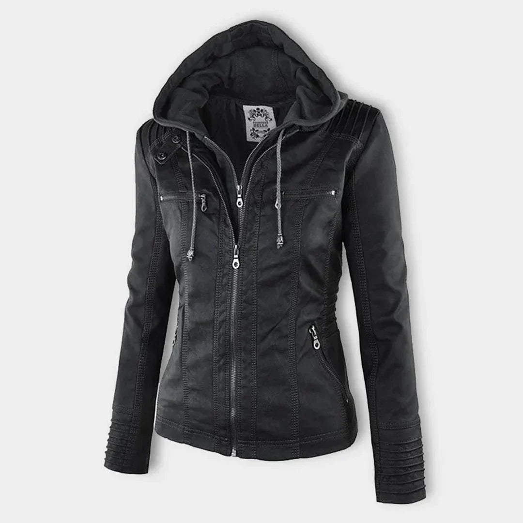 Women's Hooded Zip Front Leather Moto Jacket