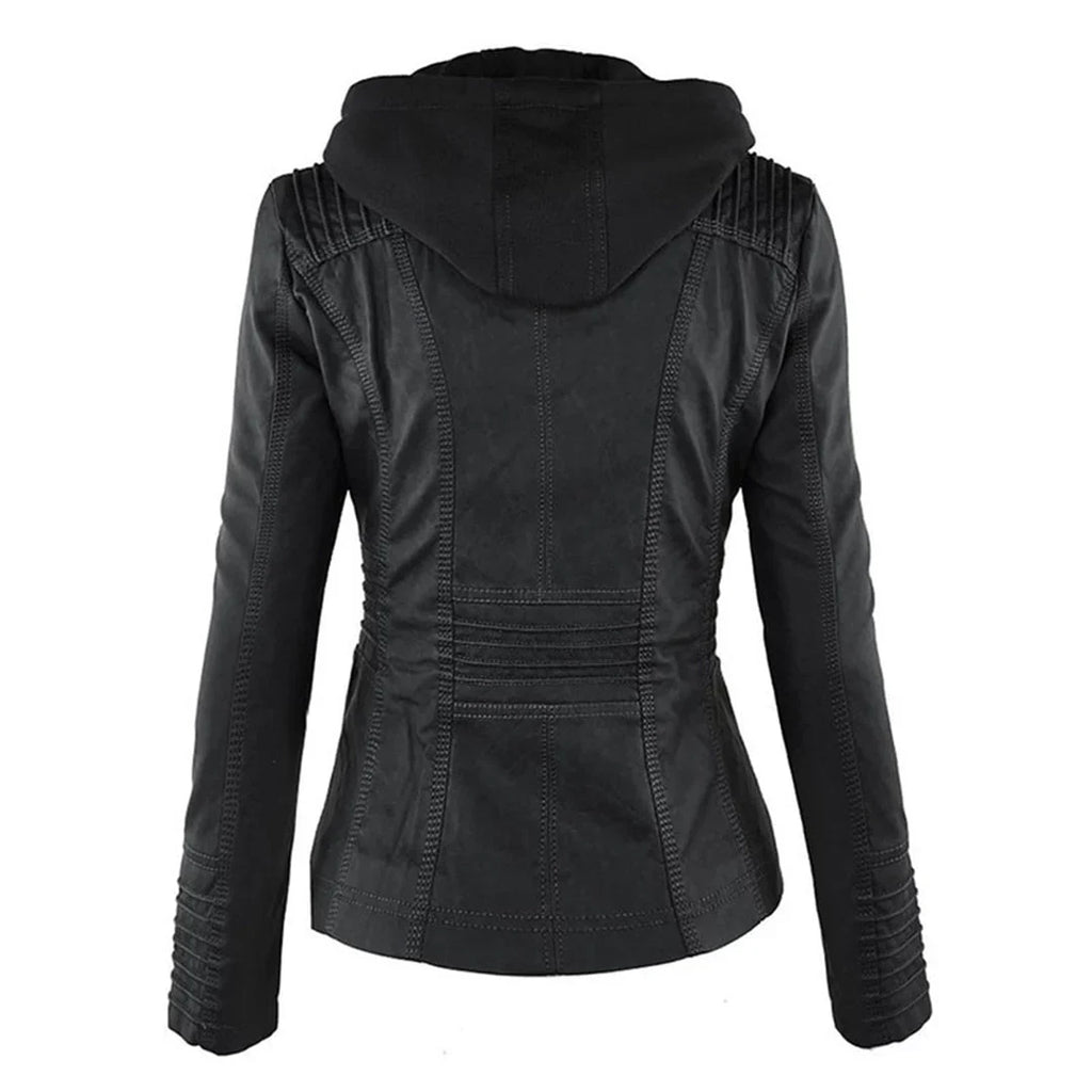 Women's Hooded Zip Front Leather Moto Jacket