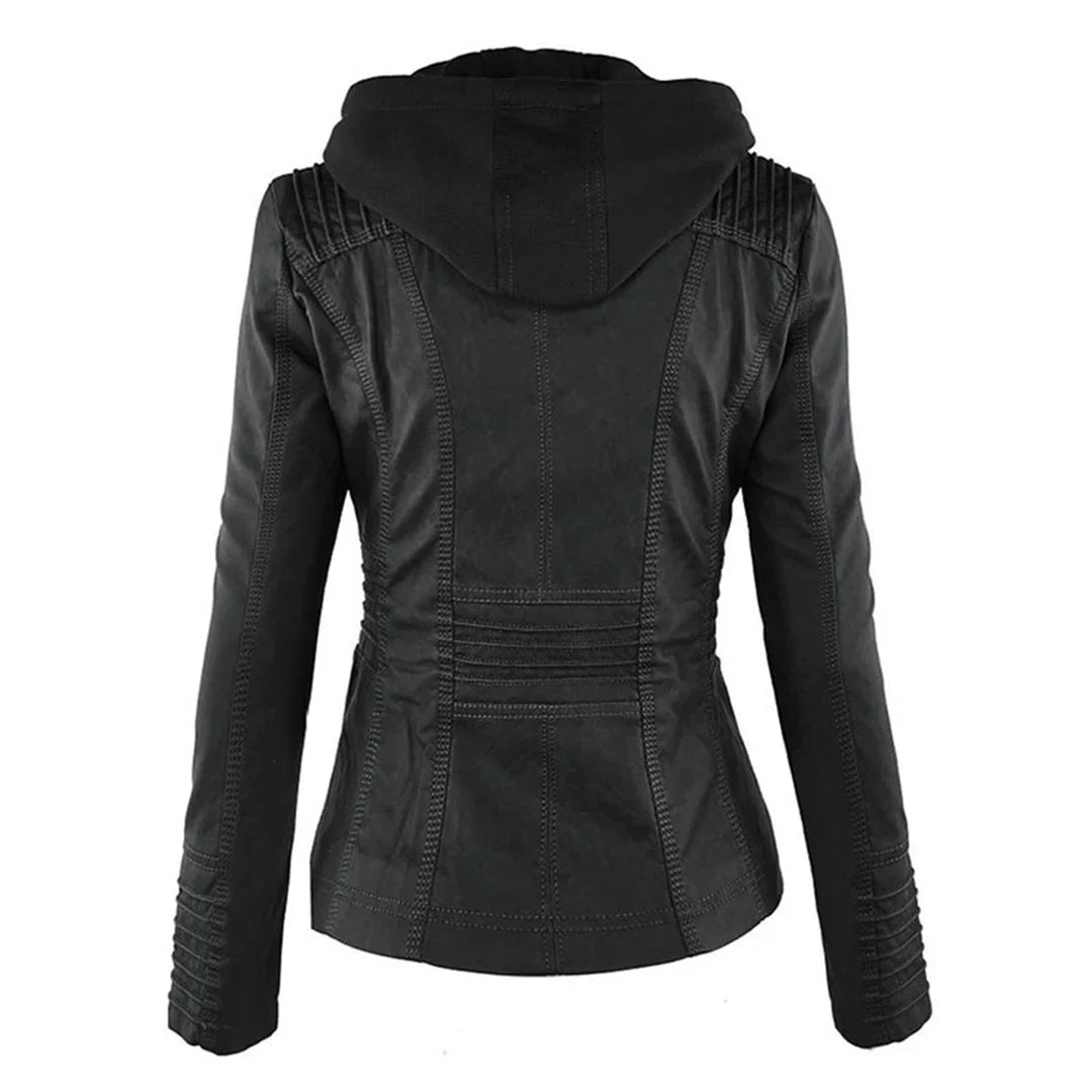 Women's Hooded Zip Front Leather Moto Jacket