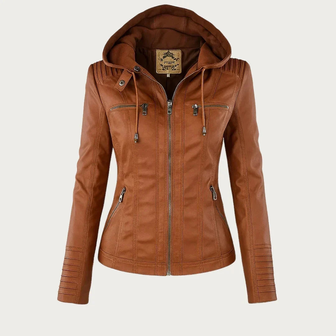 Women's Hooded Zip Front Leather Moto Jacket