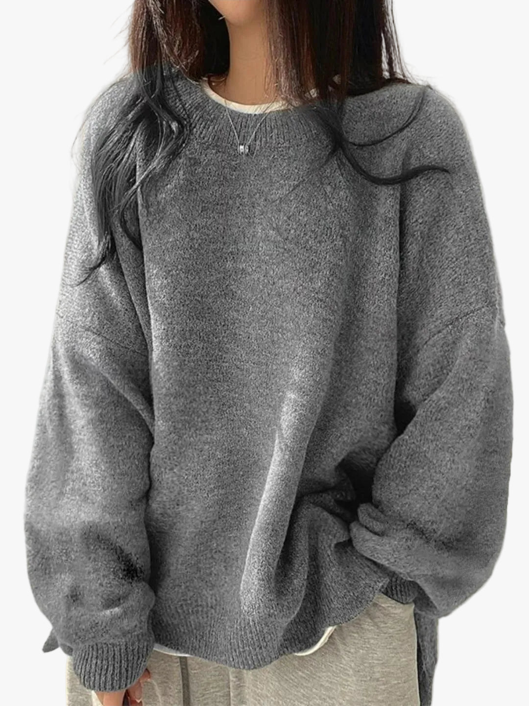 Women's Knit Crewneck Sweater with Drop Shoulders & Side Slits