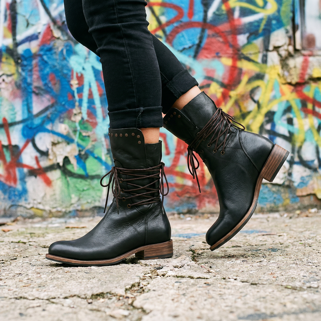 Women's Lace-Up Mid-Calf Boots with Studs