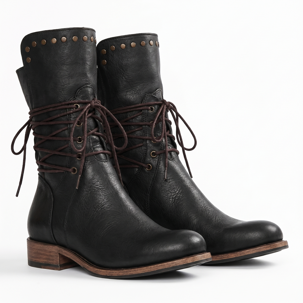 Women's Lace-Up Mid-Calf Boots with Studs