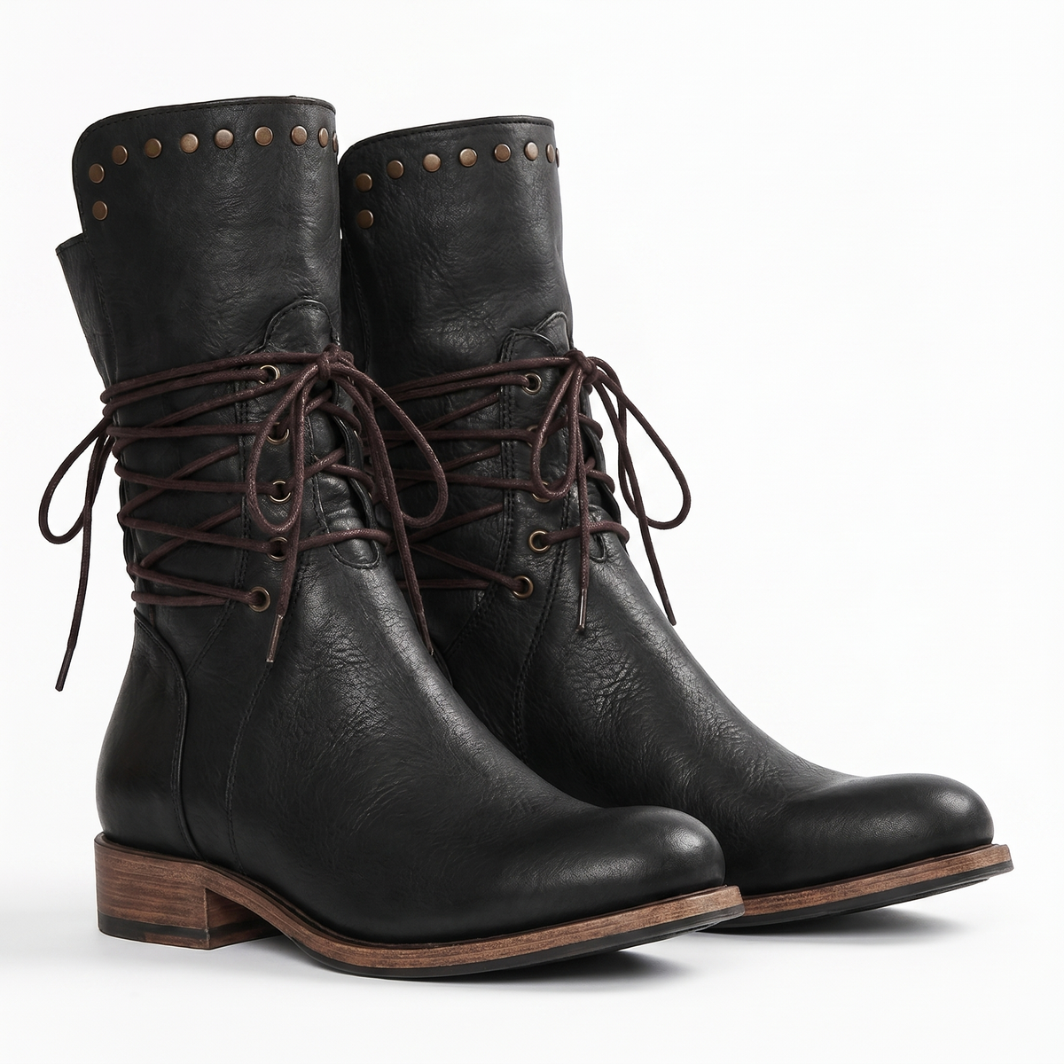 Women's Lace-Up Mid-Calf Boots with Studs