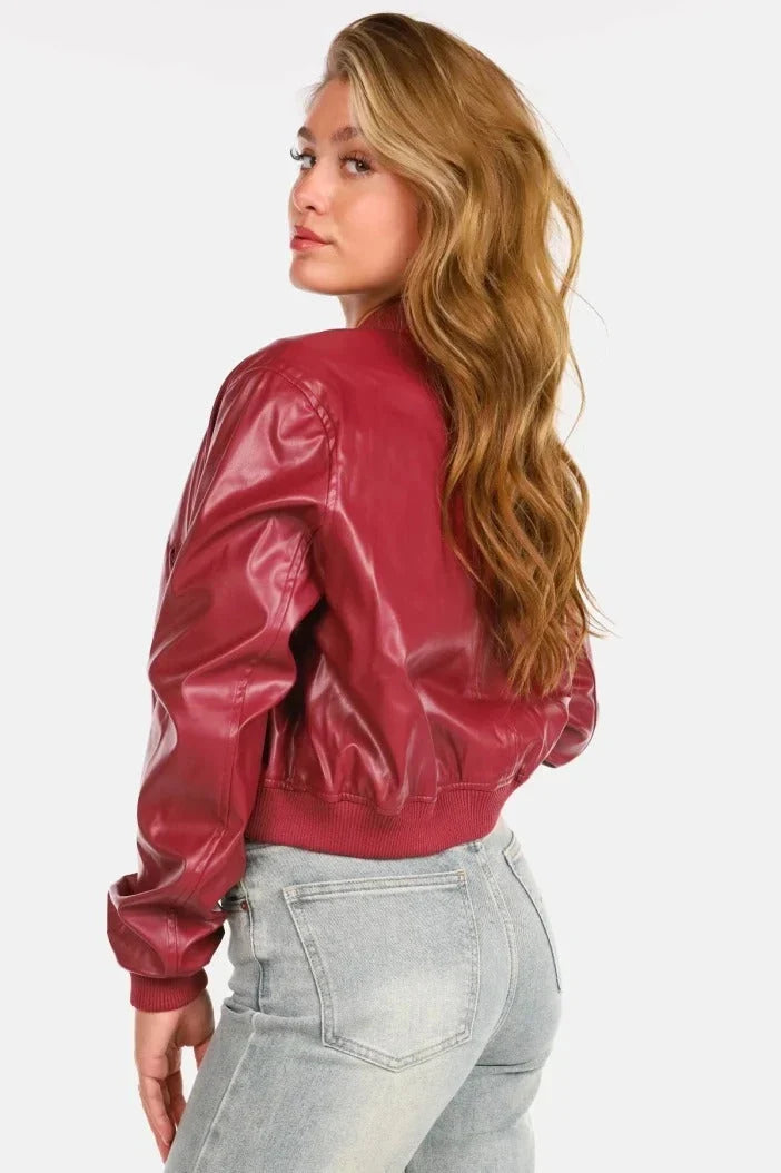 Women's Leather Bomber Jacket with Ribbed Cuffs and Zip Front