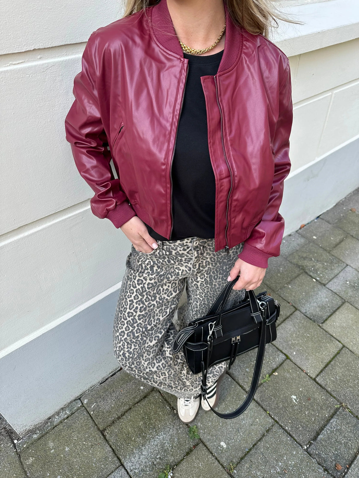 Women's Leather Bomber Jacket with Ribbed Cuffs and Zip Front