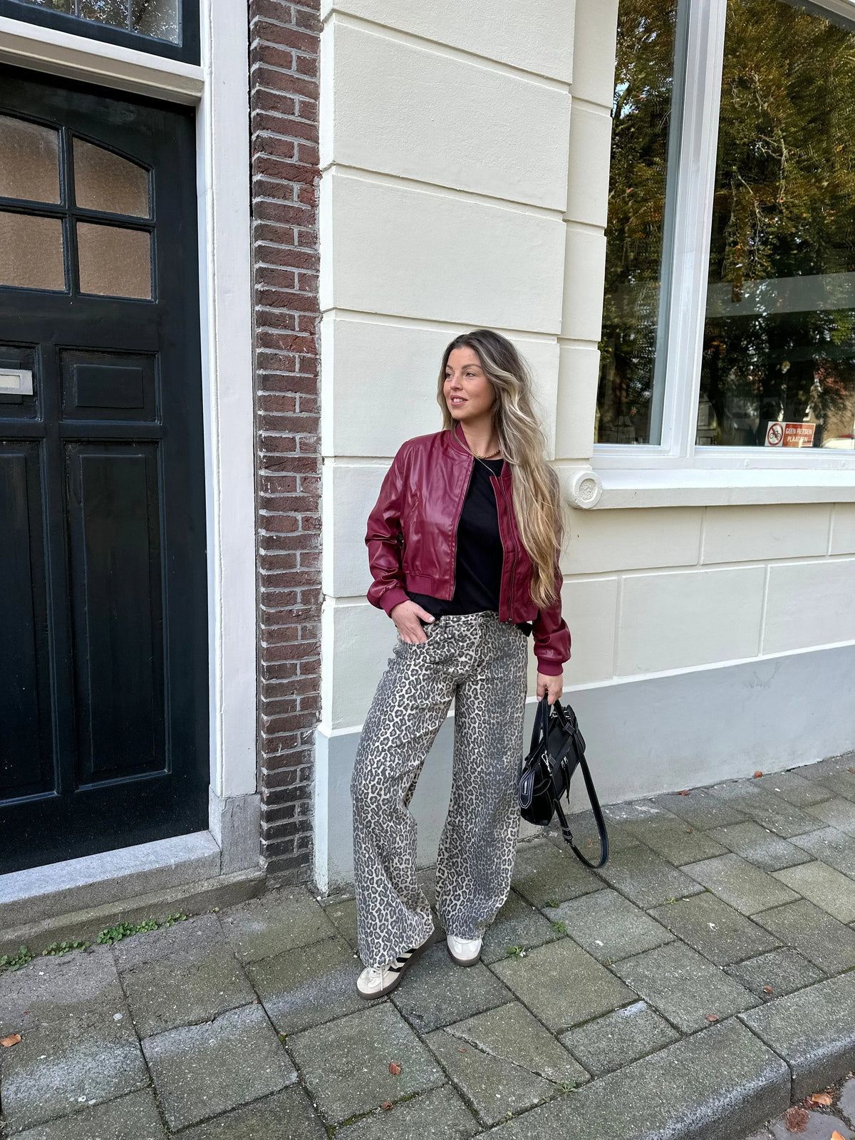 Women's Leather Bomber Jacket with Ribbed Cuffs and Zip Front