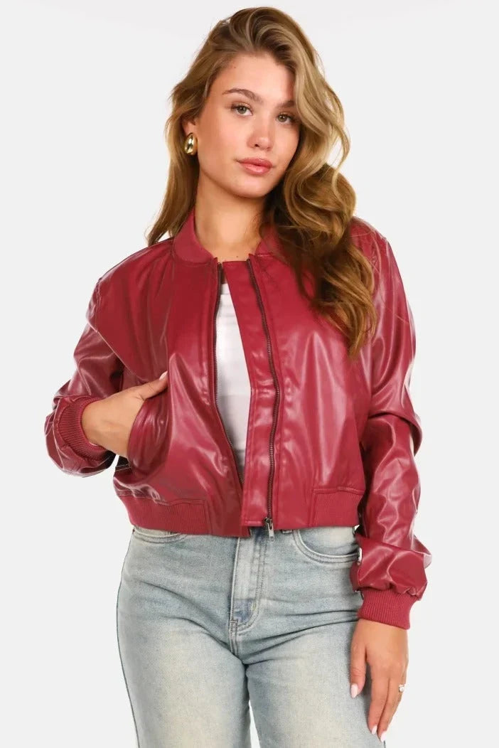 Women's Leather Bomber Jacket with Ribbed Cuffs and Zip Front