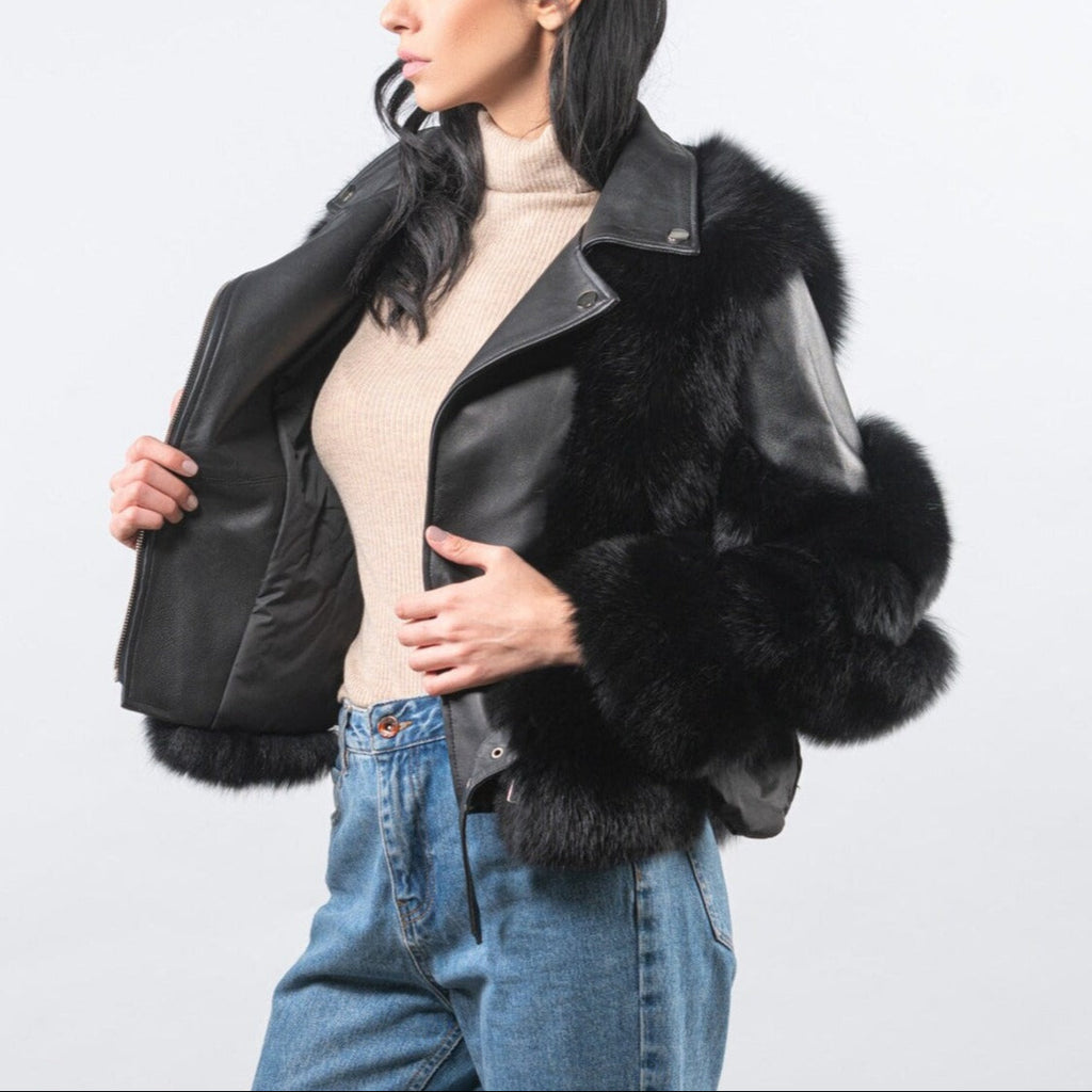 Women's Leather Jacket with Faux Fur Trim