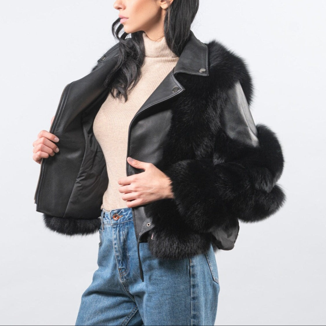 Women's Leather Jacket with Faux Fur Trim