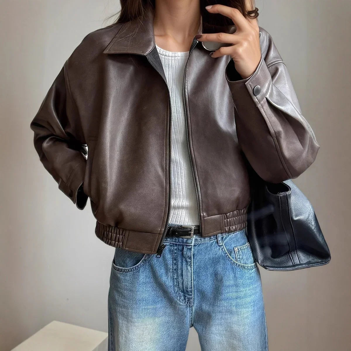Women's Leather Zip-Up Cropped Bomber Jacket with Long Sleeves