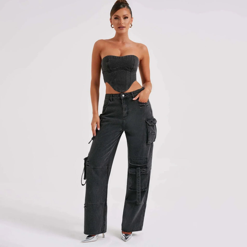 Women's Low Rise Distressed Utility Cargo Jeans