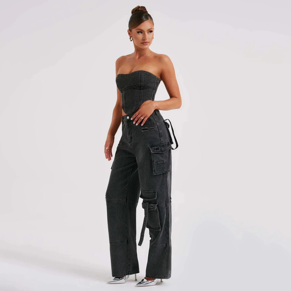 Women's Low Rise Distressed Utility Cargo Jeans