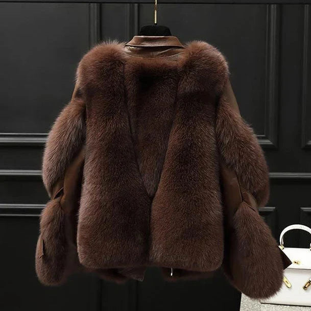 Women's Oversized Leather Jacket with Fur Collar and Zip Front