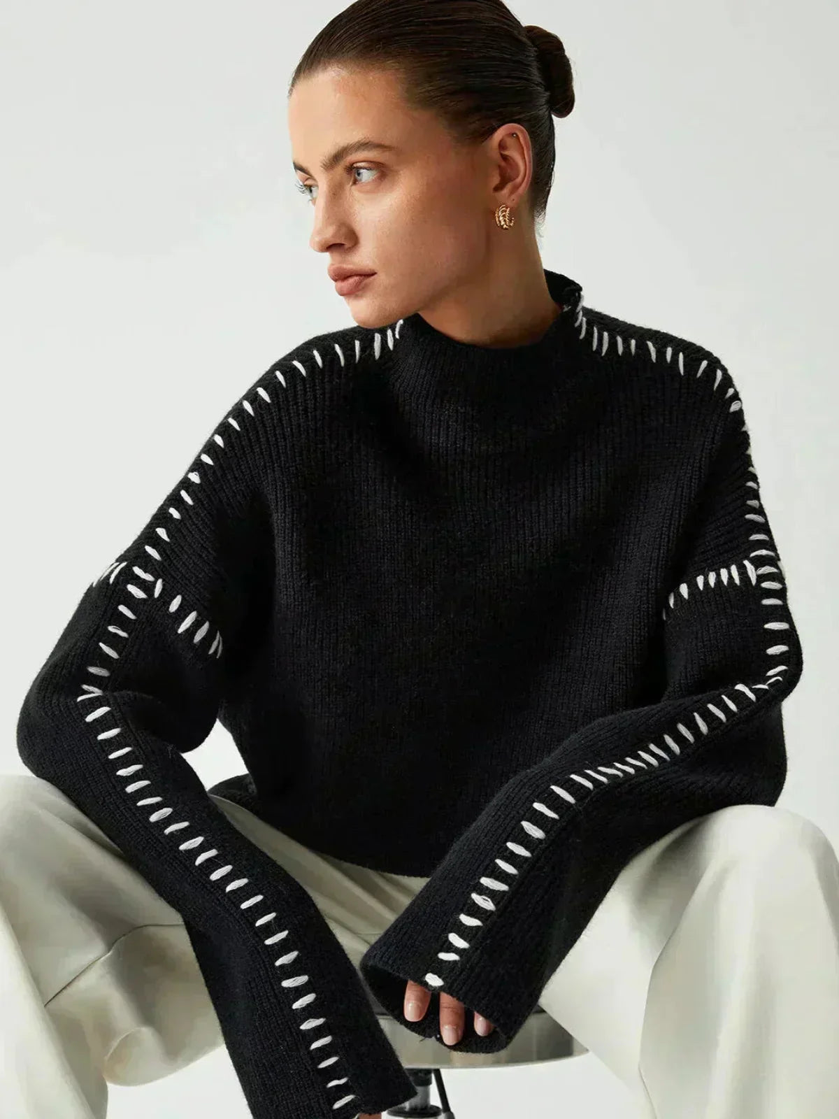 Women's Oversized Mock Neck Sweater with Whipstitch Detail