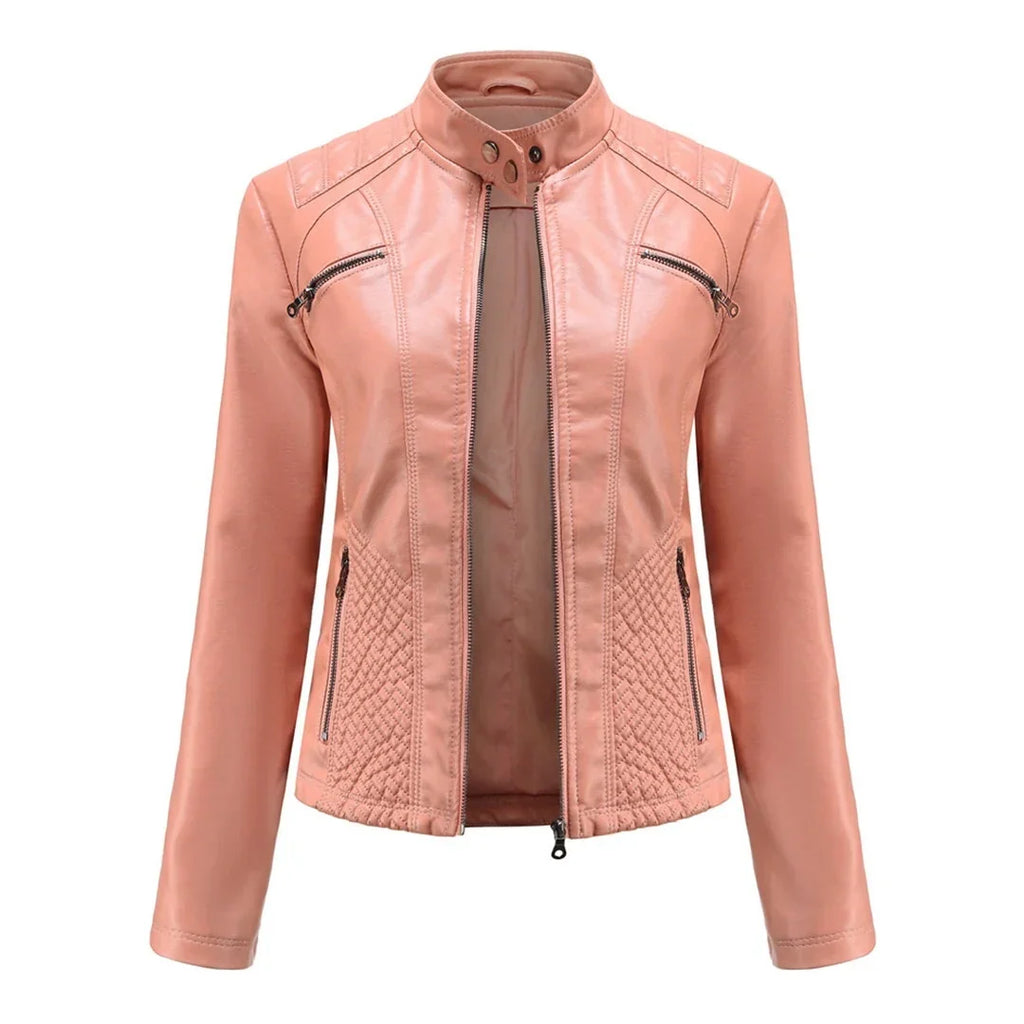 Women's Quilted Moto Leather Jacket with Zip Front