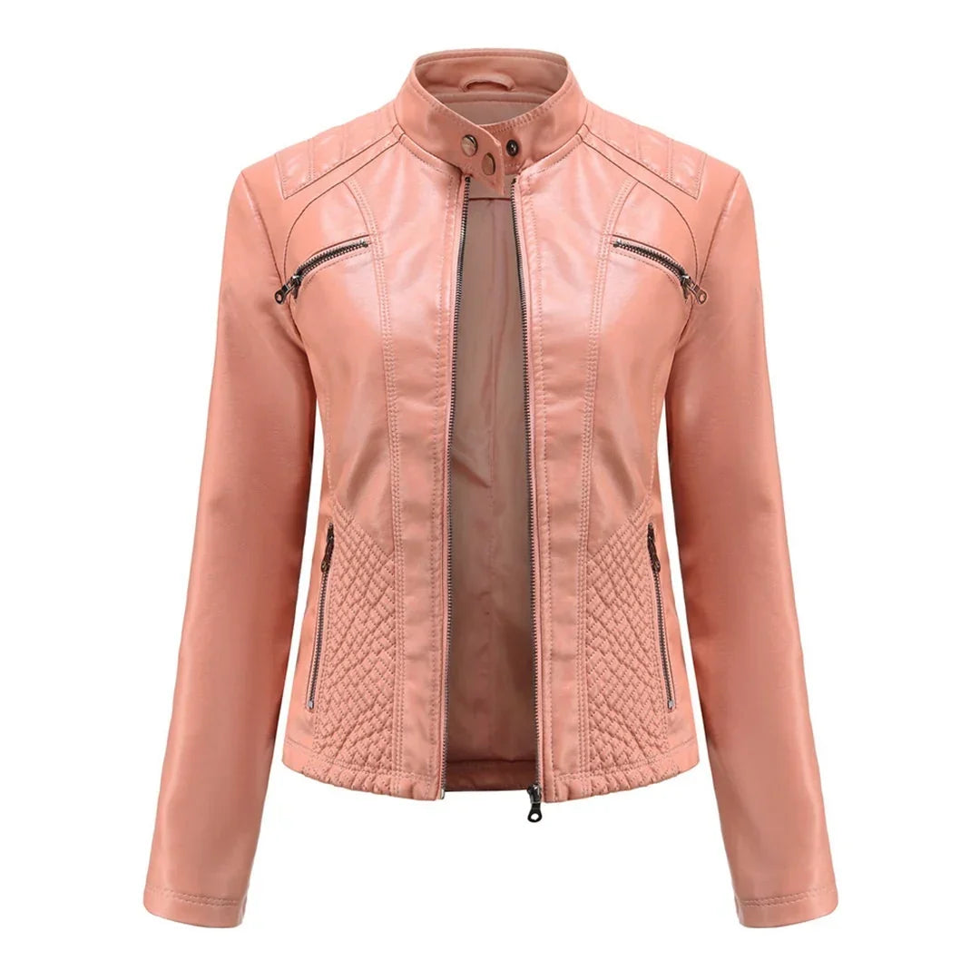 Women's Quilted Moto Leather Jacket with Zip Front