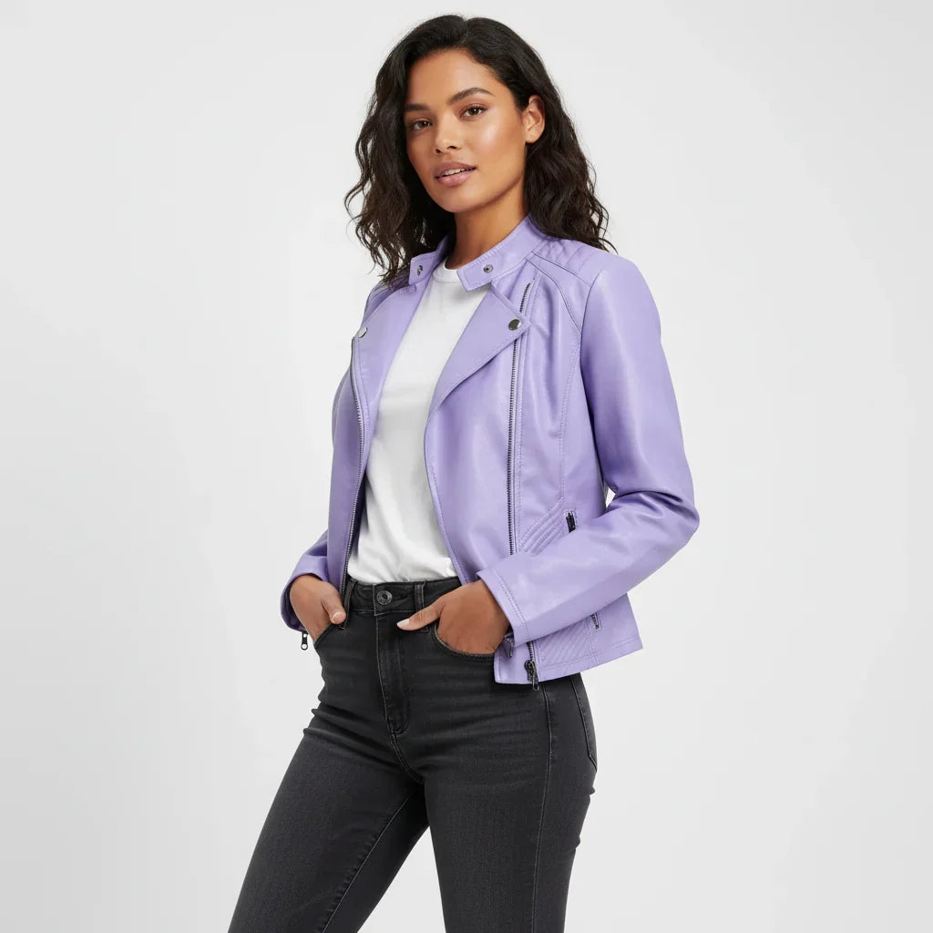 Women's Quilted Moto Leather Jacket with Zip Front