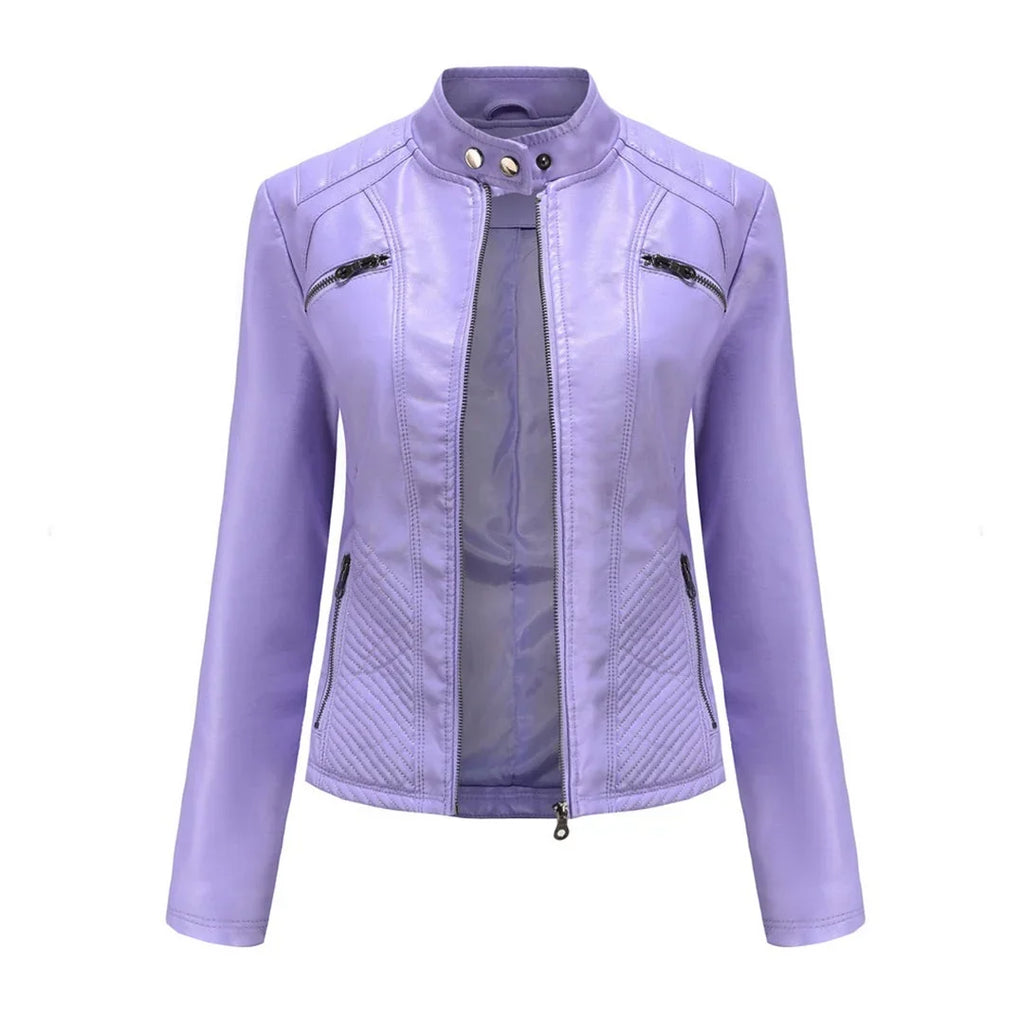 Women's Quilted Moto Leather Jacket with Zip Front