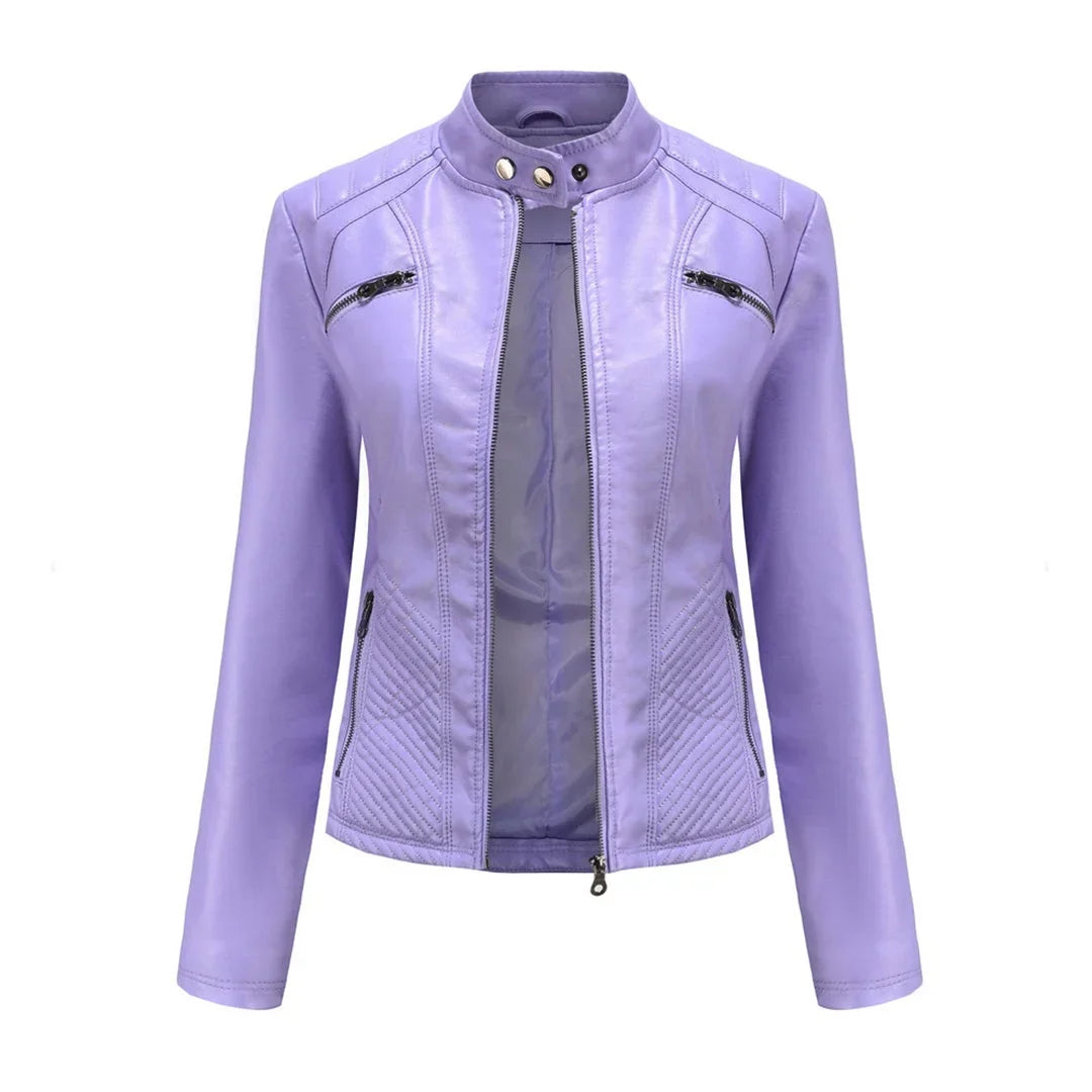 Women's Quilted Moto Leather Jacket with Zip Front