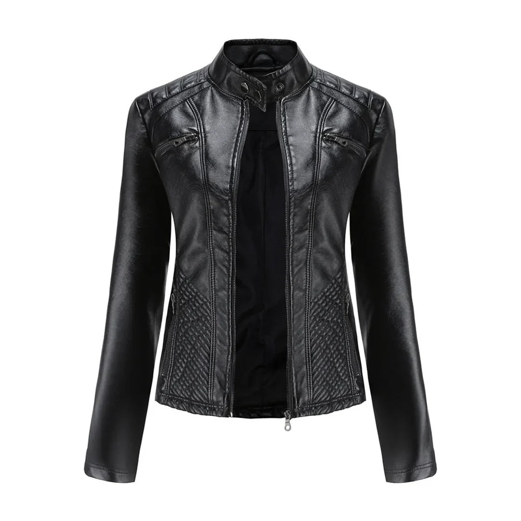 Women's Quilted Moto Leather Jacket with Zip Front