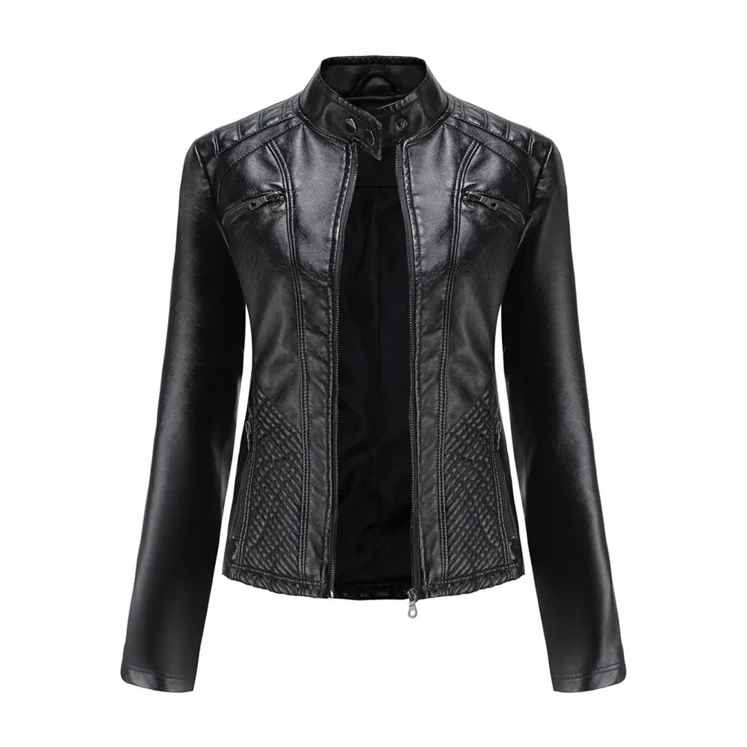 Women's Quilted Moto Leather Jacket with Zip Front