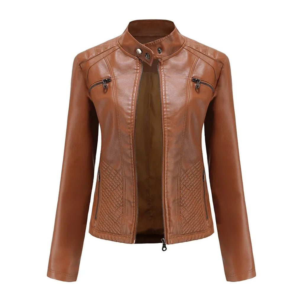 Women's Quilted Moto Leather Jacket with Zip Front