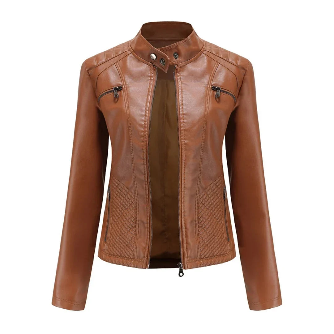 Women's Quilted Moto Leather Jacket with Zip Front