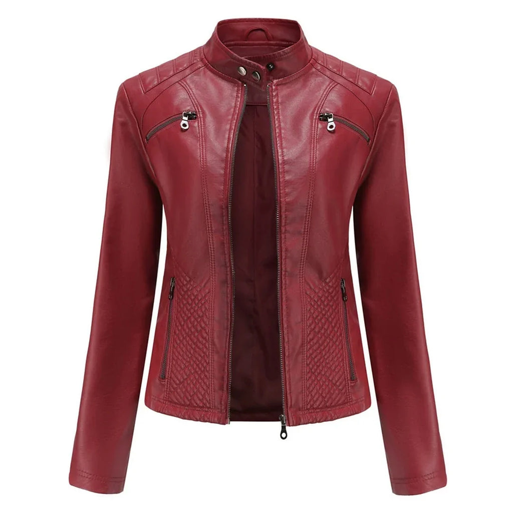 Women's Quilted Moto Leather Jacket with Zip Front