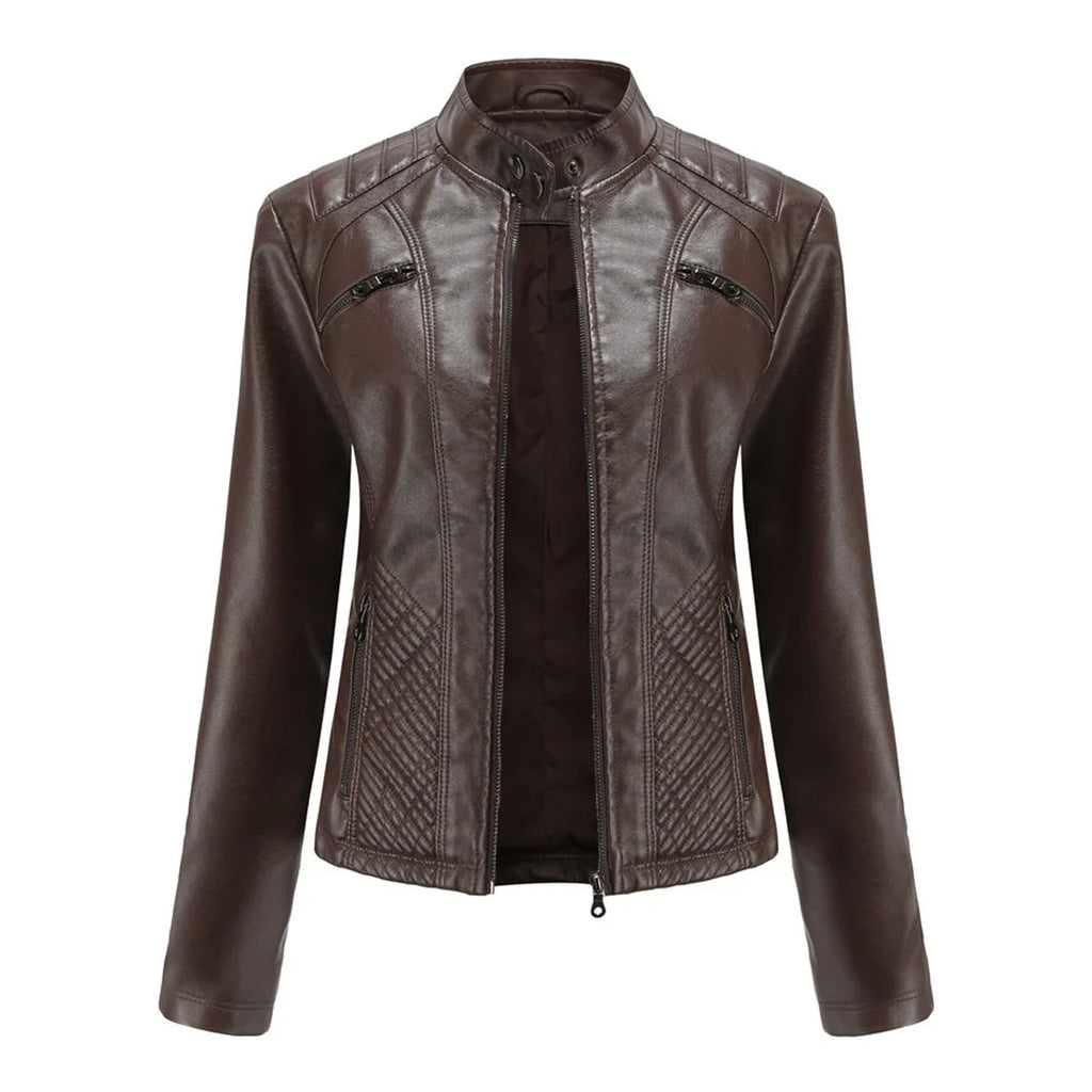 Women's Quilted Moto Leather Jacket with Zip Front