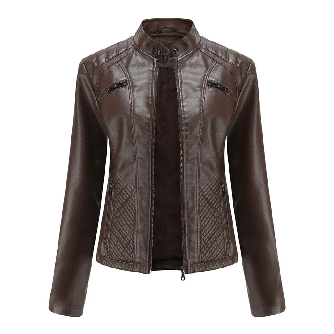 Women's Quilted Moto Leather Jacket with Zip Front
