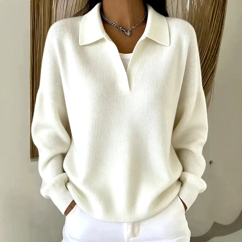 Women's Ribbed Polo Collar Loose Fit Sweater