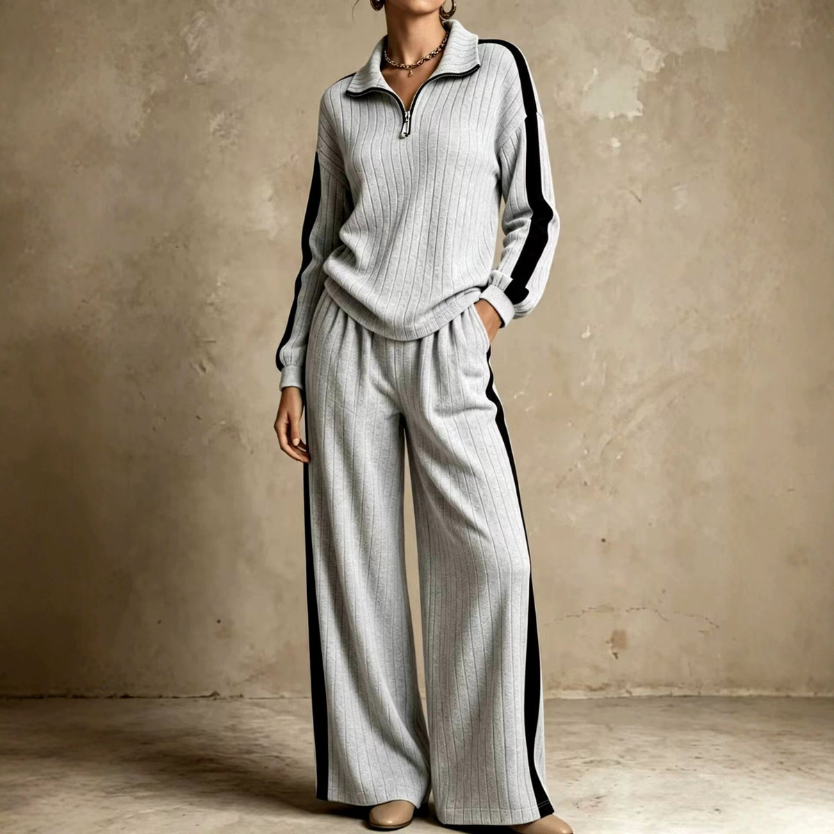 Women's Ribbed Quarter-Zip Top and Wide-Leg Pants Set