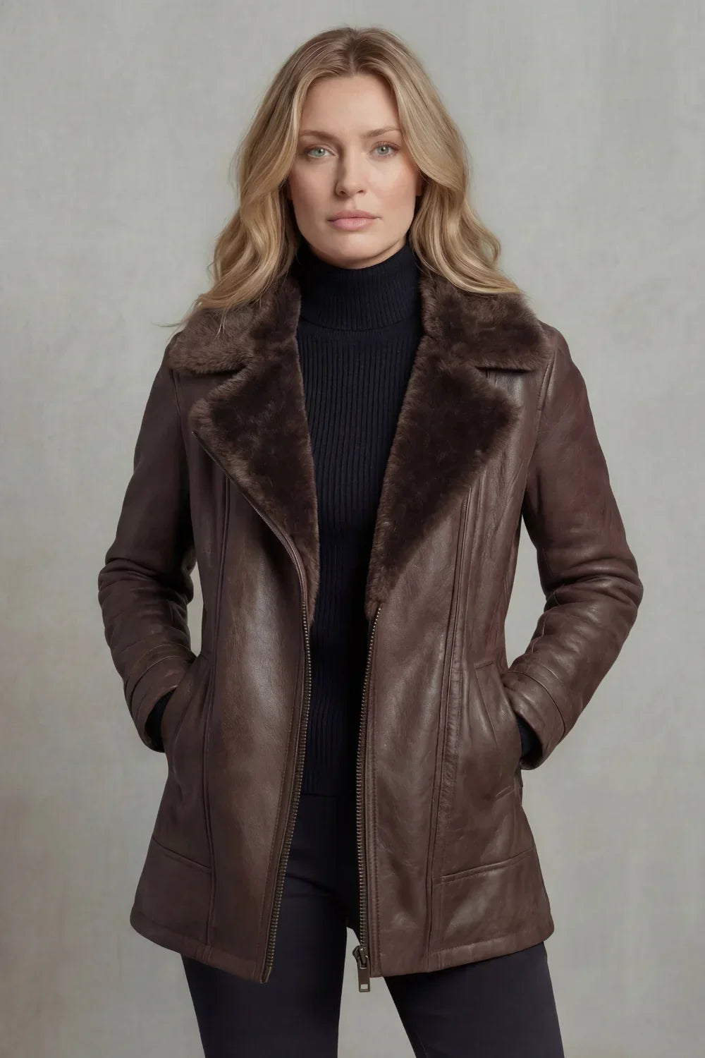 Women's Shearling Lined Brown Leather Jacket
