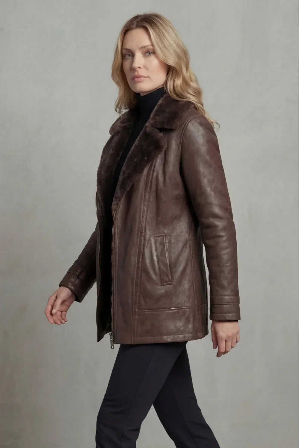 Women's Shearling Lined Brown Leather Jacket