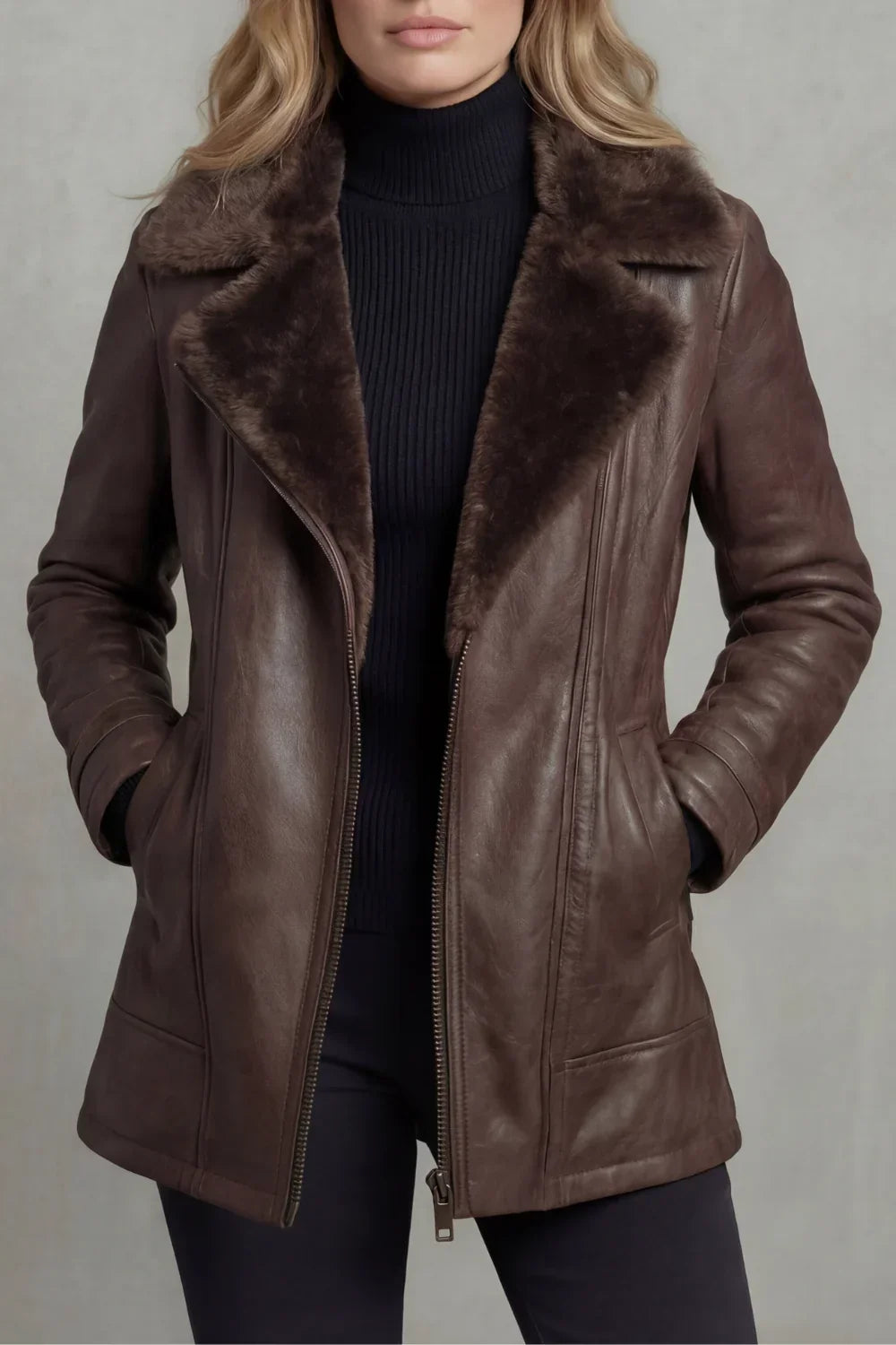 Women's Shearling Lined Brown Leather Jacket
