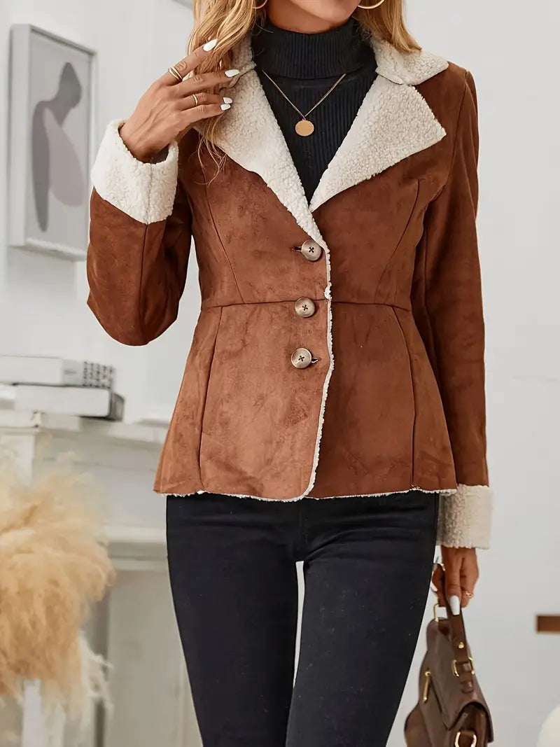 Women's Suede Blazer with Sherpa Collar and Cuff Details